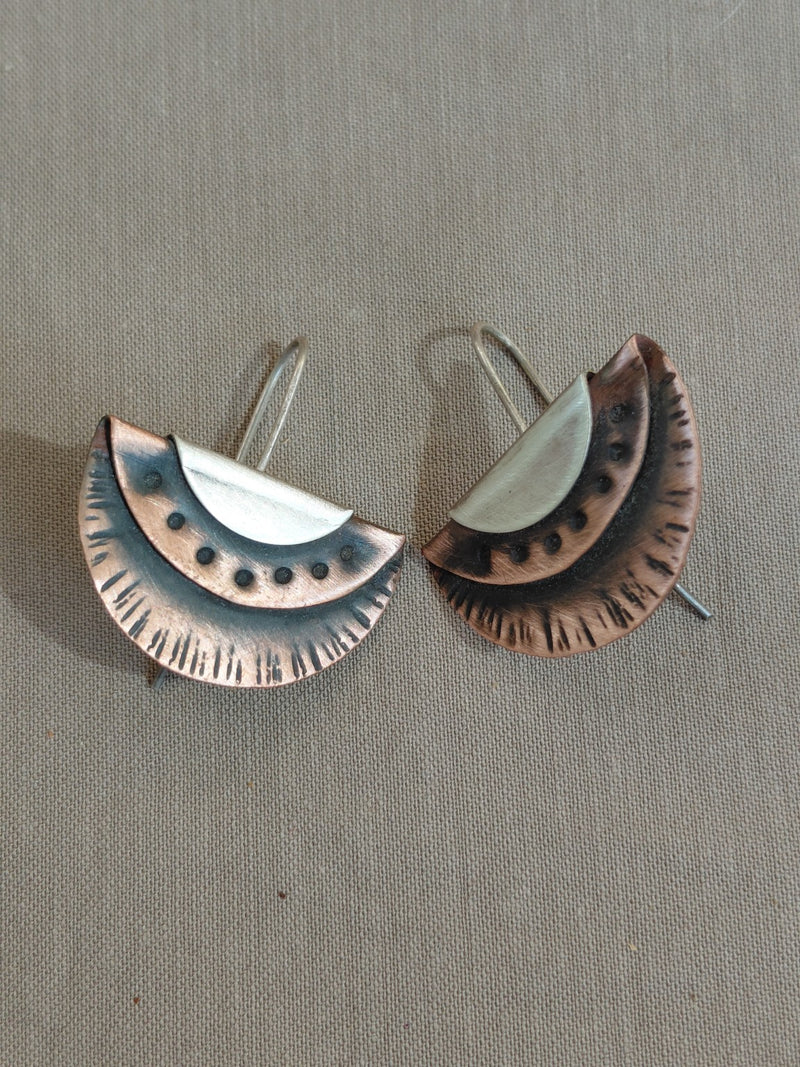 Layered fan earrings in copper and silver with sterling silver ear wires, view 2