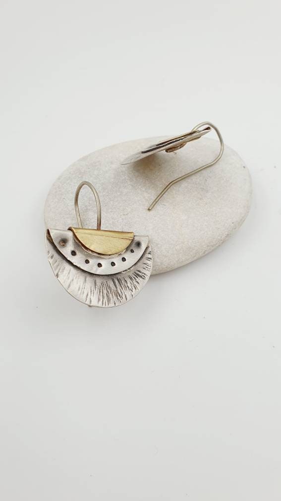 Mixed Metal Earrings -  Half moon Sterling Silver and brass Artisan Hand made