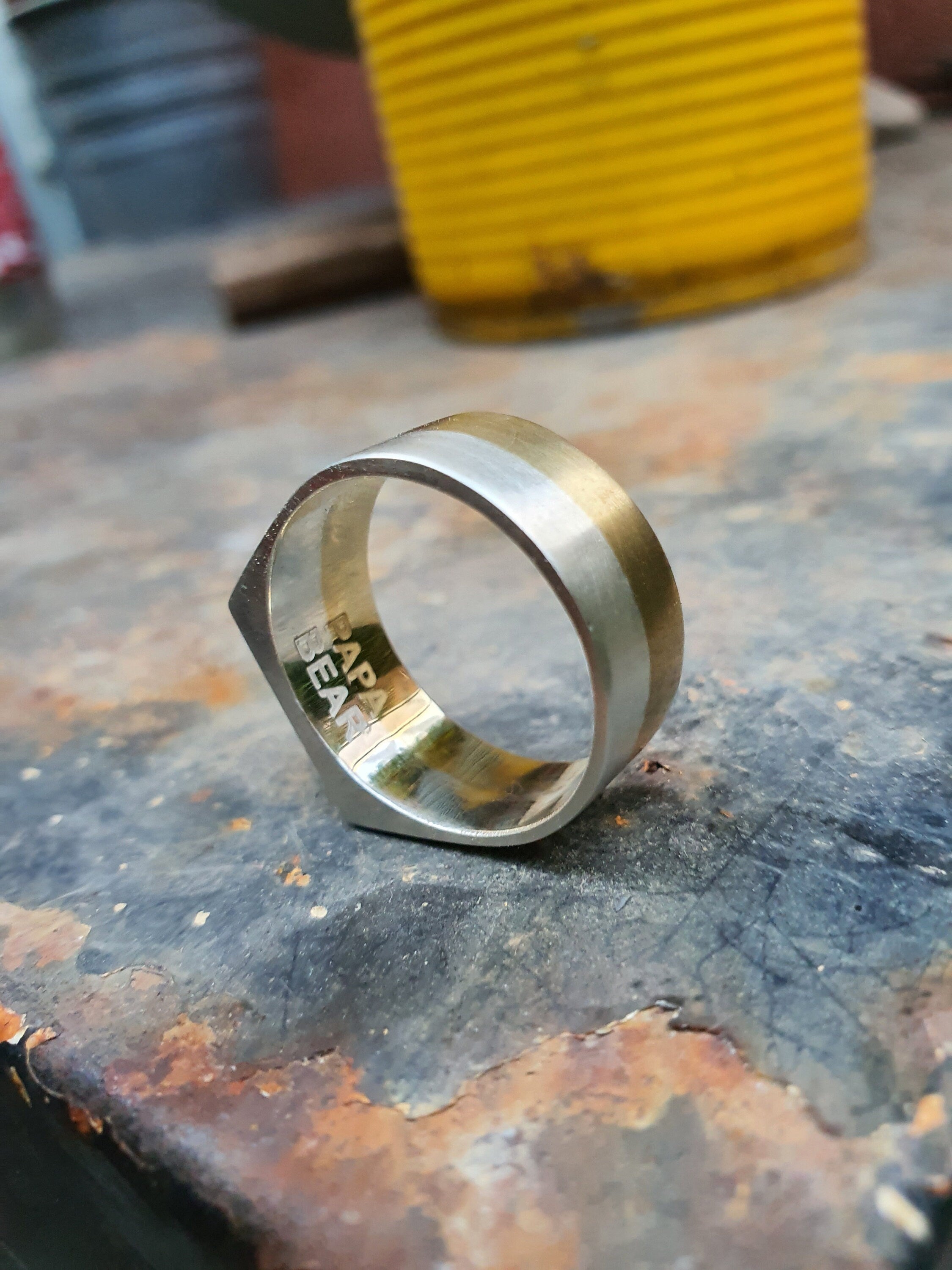 Mixed Metal Signet Ring - Bold Sterling Silver & Brass Rectangle Band - Unisex Artisan Ring