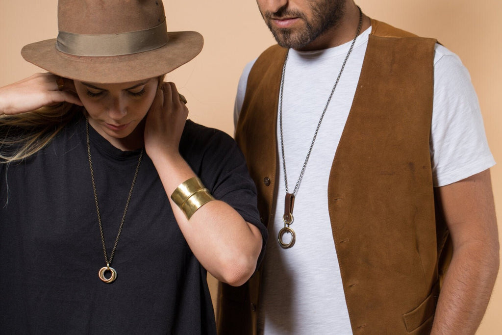 Long Necklace with Leather & Mixed Metal Rings | Minimalist Industrial Pendant Jewelry