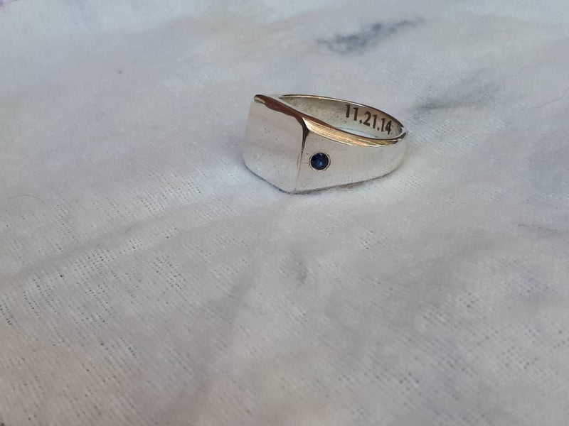 Chunky Sterling Silver Signet Ring | Square with Side-Set Sapphire