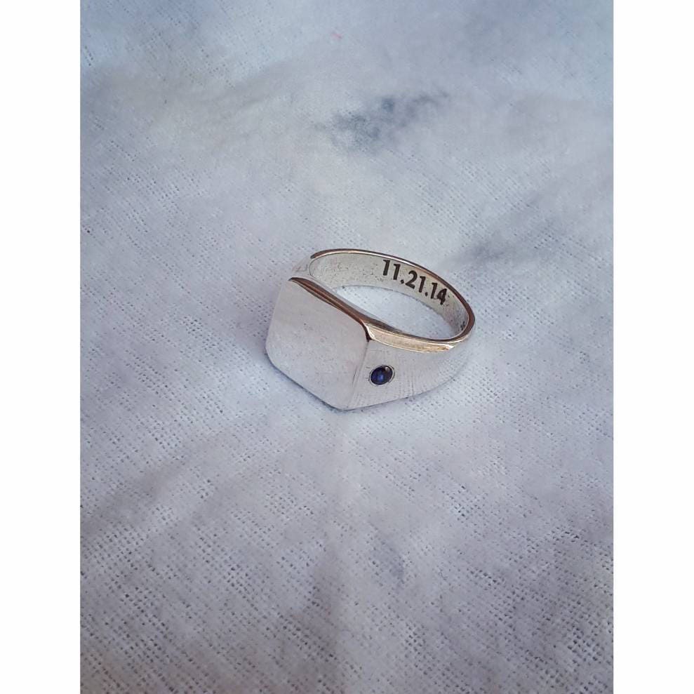 Chunky Sterling Silver Signet Ring | Square with Side-Set Sapphire