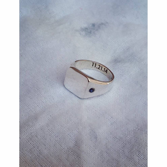 Chunky Sterling Silver Signet Ring | Square with Side-Set Sapphire