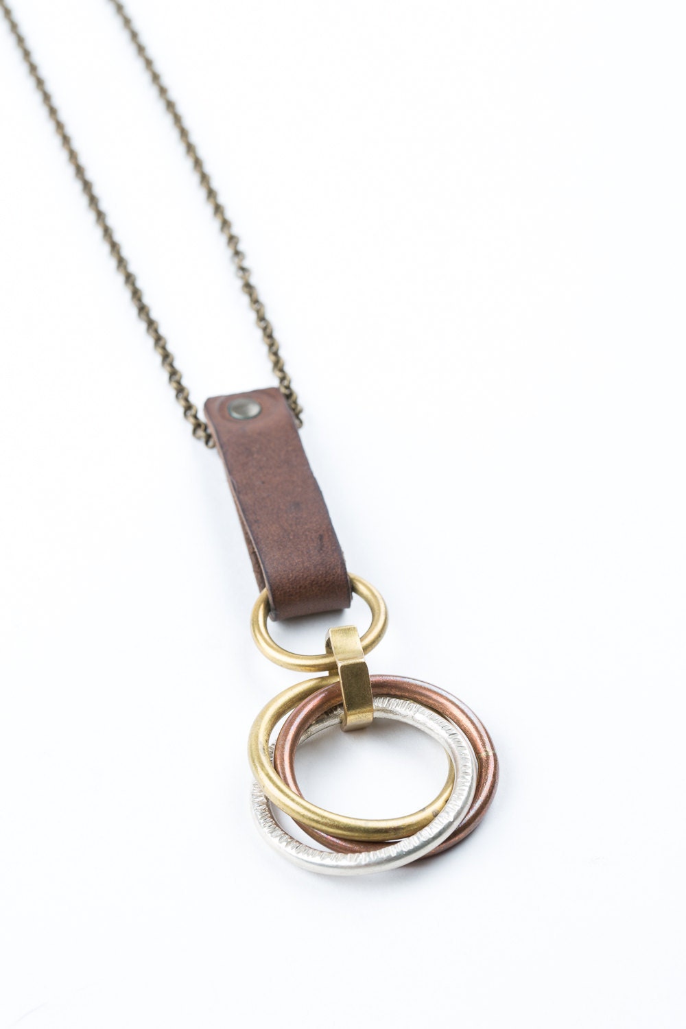 Long Necklace with Leather & Mixed Metal Rings | Minimalist Industrial Pendant Jewelry