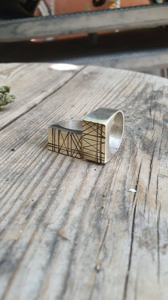 Rectangle Sterling silver and brass -mixed metals signet ring for men and womenv- designer signet