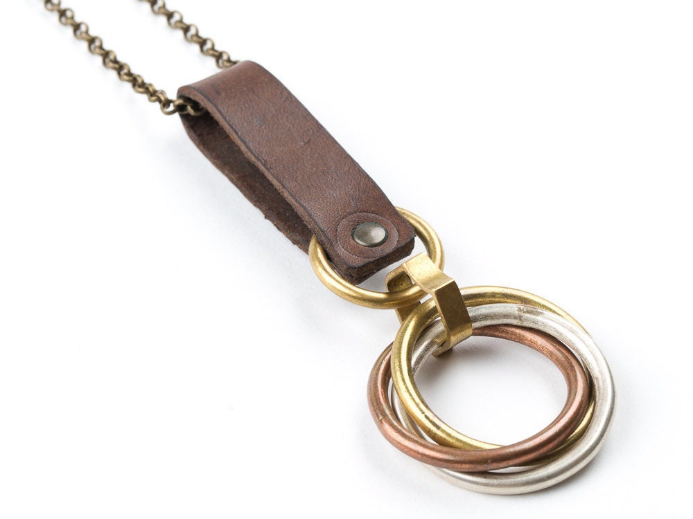Long Necklace with Leather & Mixed Metal Rings | Minimalist Industrial Pendant Jewelry