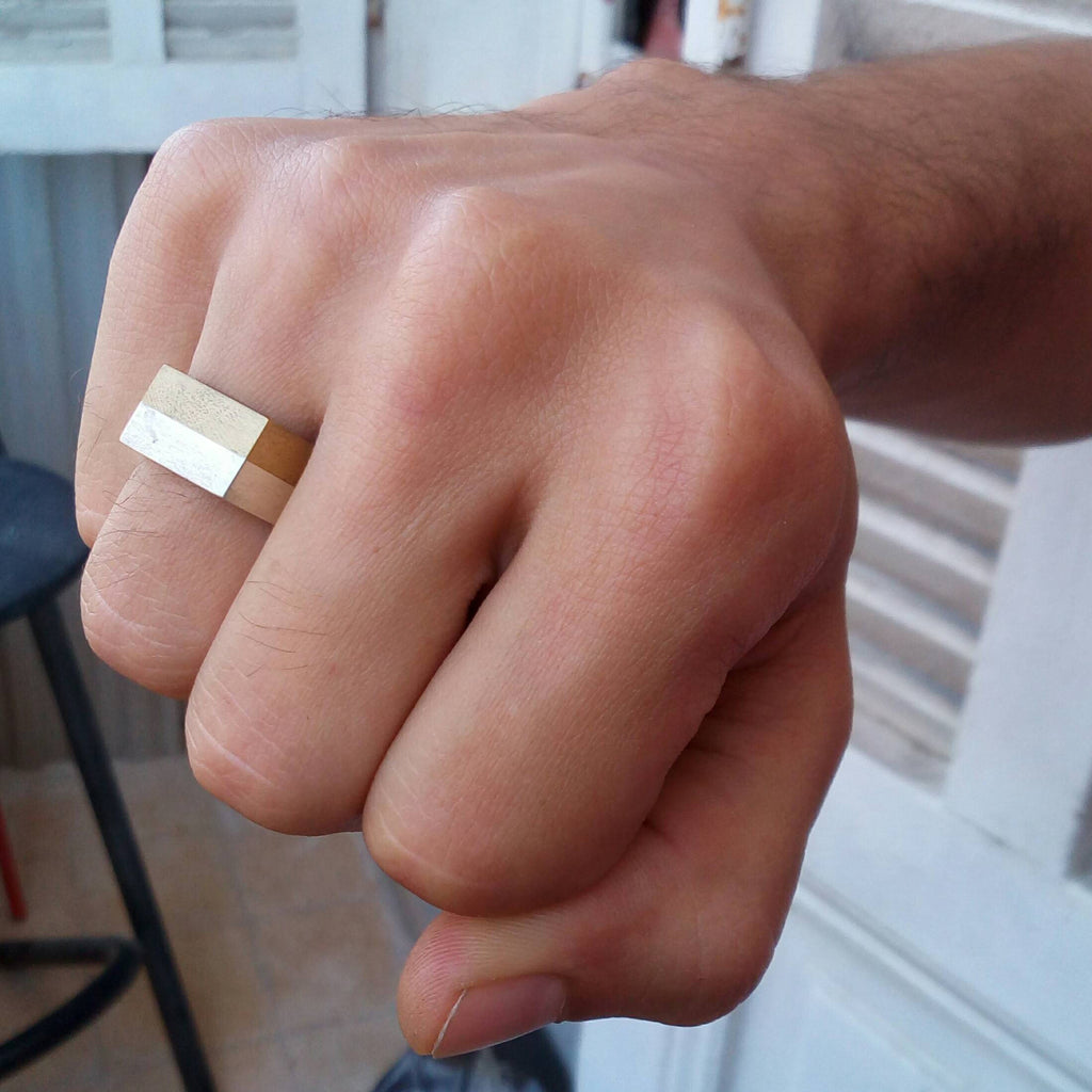 Mixed Metal Signet Ring - Bold Sterling Silver & Brass Rectangle Band - Unisex Artisan Ring