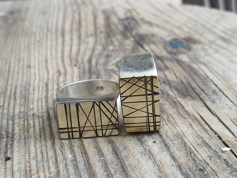 Rectangle mixed metals signet ring