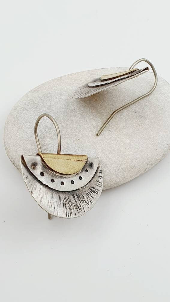 Mixed Metal Earrings -  Half moon Sterling Silver and brass Artisan Hand made