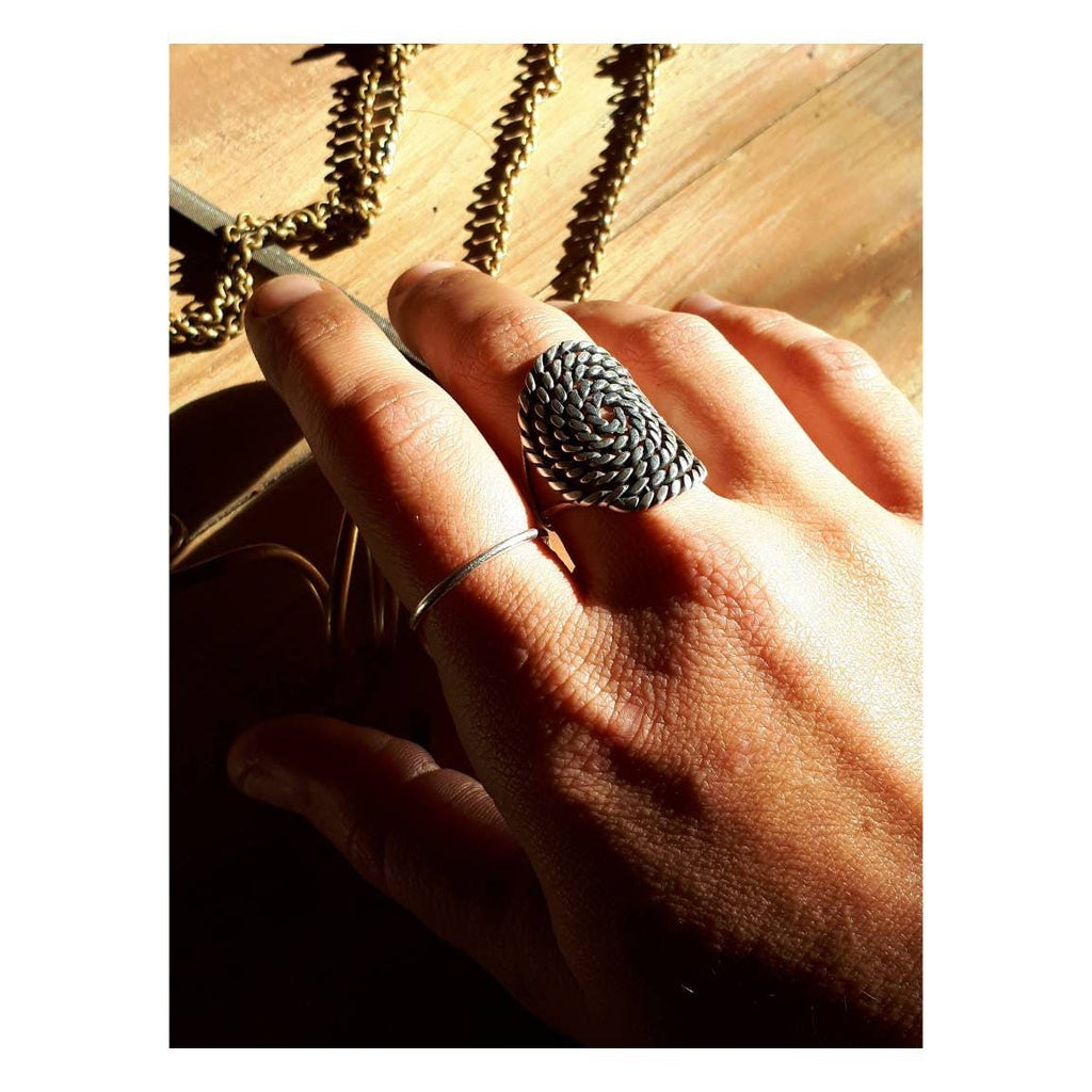 sterling silver oval spiral ring, statement ring, twisted wire and oxide