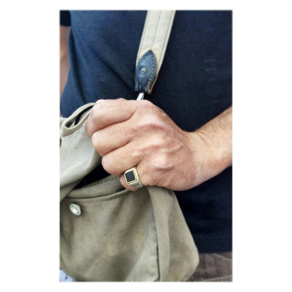 Square Silver Pinky Signet Ring with Ebony Wood & Brass Inlay | Unisex Handmade Design