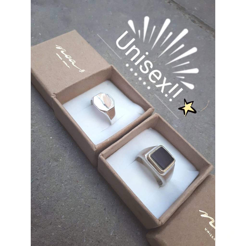 Square Silver Pinky Signet Ring with Ebony Wood & Brass Inlay | Unisex Handmade Design