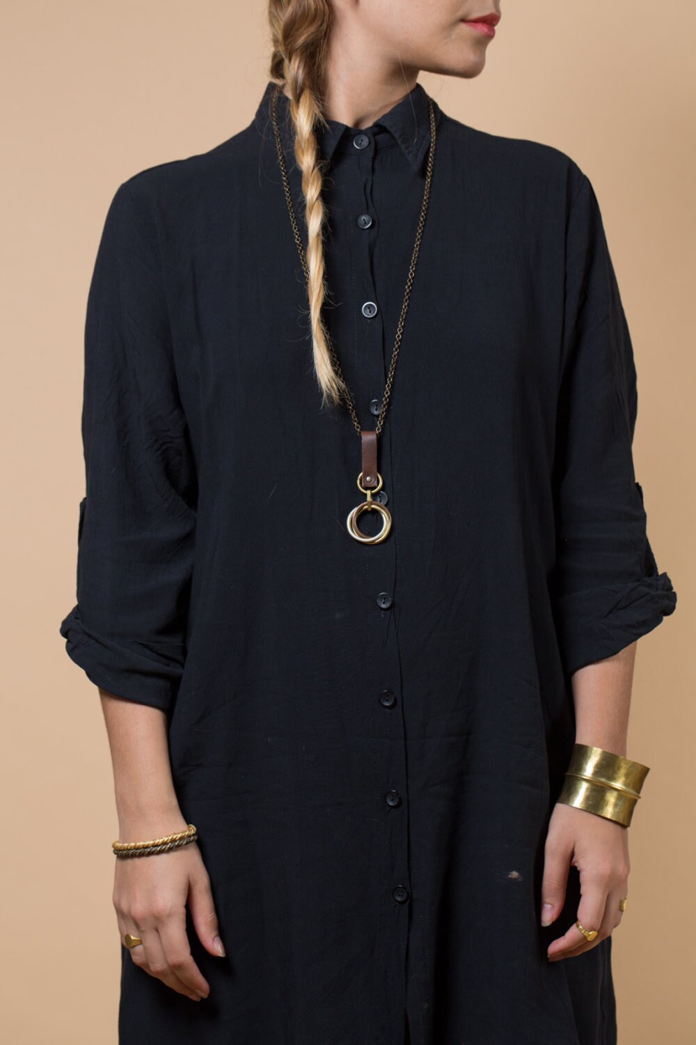 Long Necklace with Leather & Mixed Metal Rings | Minimalist Industrial Pendant Jewelry