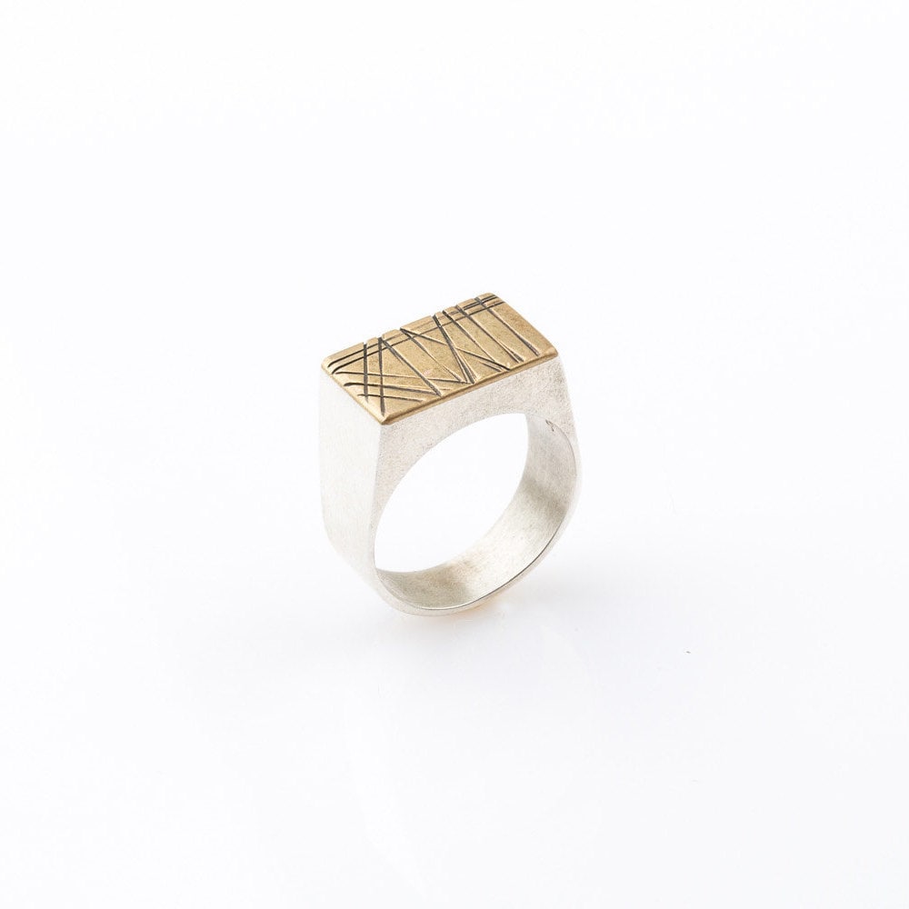 Rectangle Sterling silver and brass -mixed metals signet ring for men and womenv- designer signet