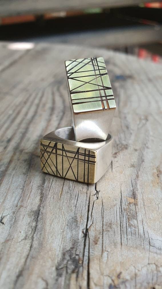 Rectangle mixed metals signet ring