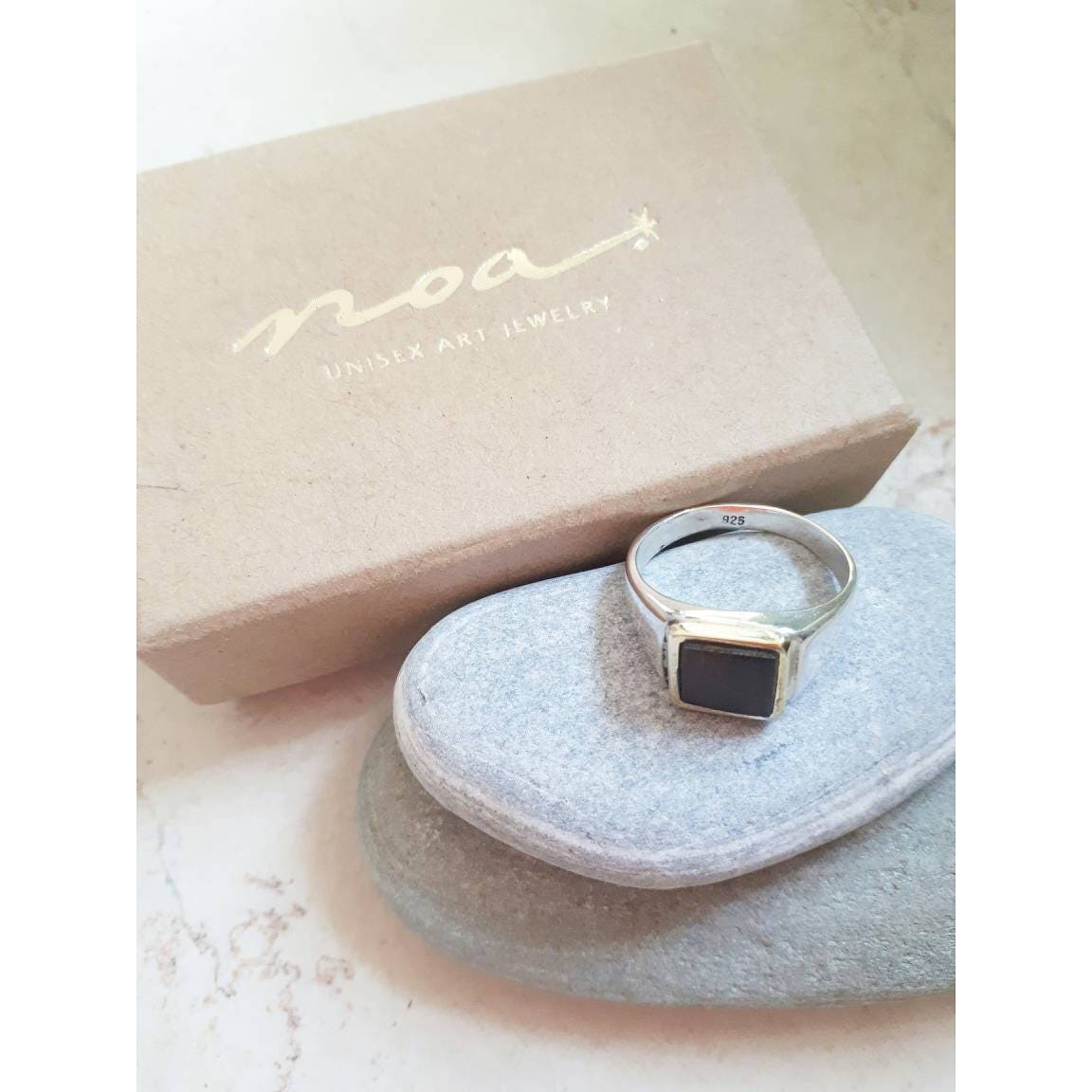 Square Silver Pinky Signet Ring with Ebony Wood & Brass Inlay | Unisex Handmade Design