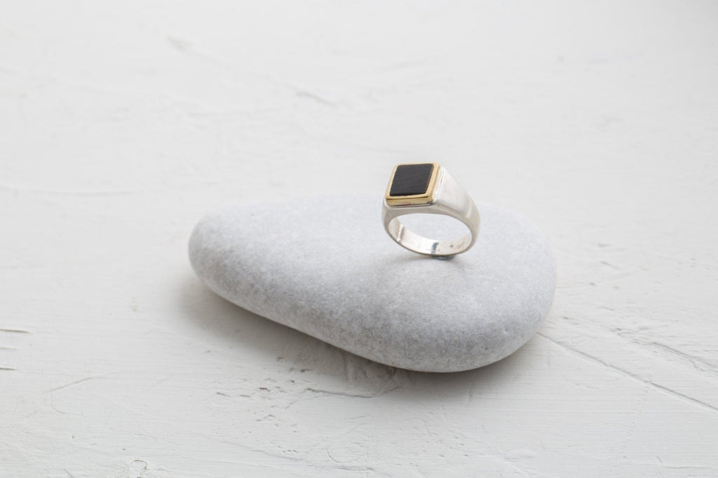 Square Silver Pinky Signet Ring with Ebony Wood & Brass Inlay | Unisex Handmade Design