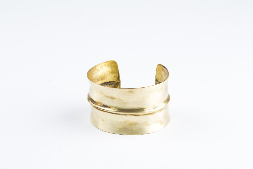 wide brass cuff bracelet, Greek style, fold formed  statement bracelet