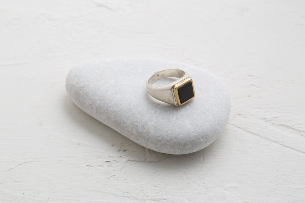 Square Silver Pinky Signet Ring with Ebony Wood & Brass Inlay | Unisex Handmade Design