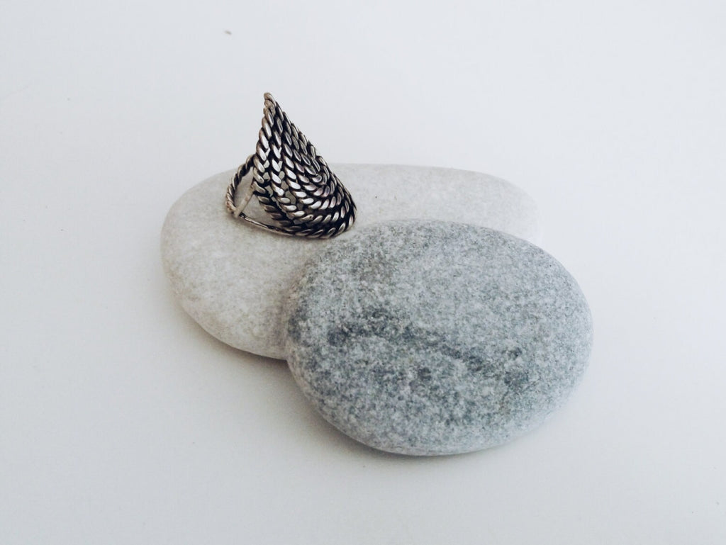 sterling silver oval spiral ring, statement ring, twisted wire and oxide