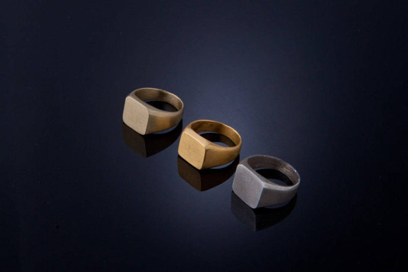 Chunky Sterling Silver Signet Ring | Square with Side-Set Sapphire