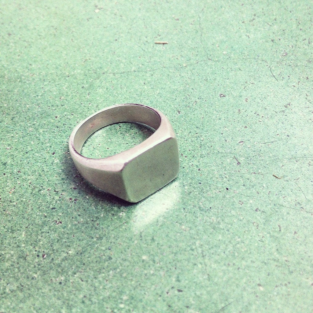 Chunky Sterling Silver Signet Ring | Square with Side-Set Sapphire