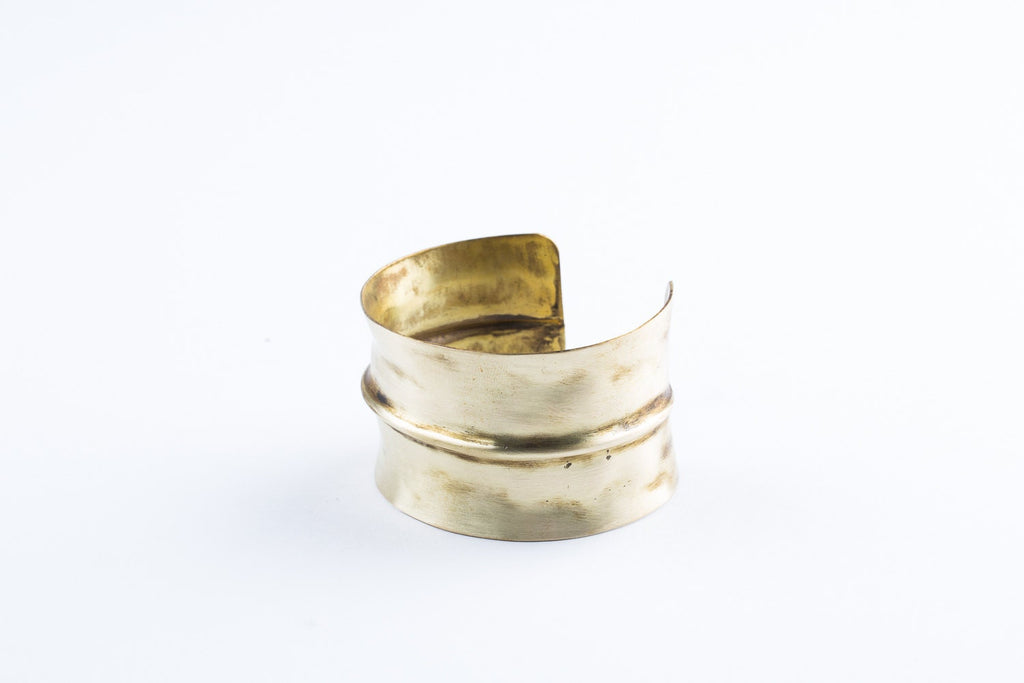 wide brass cuff bracelet, Greek style, fold formed  statement bracelet
