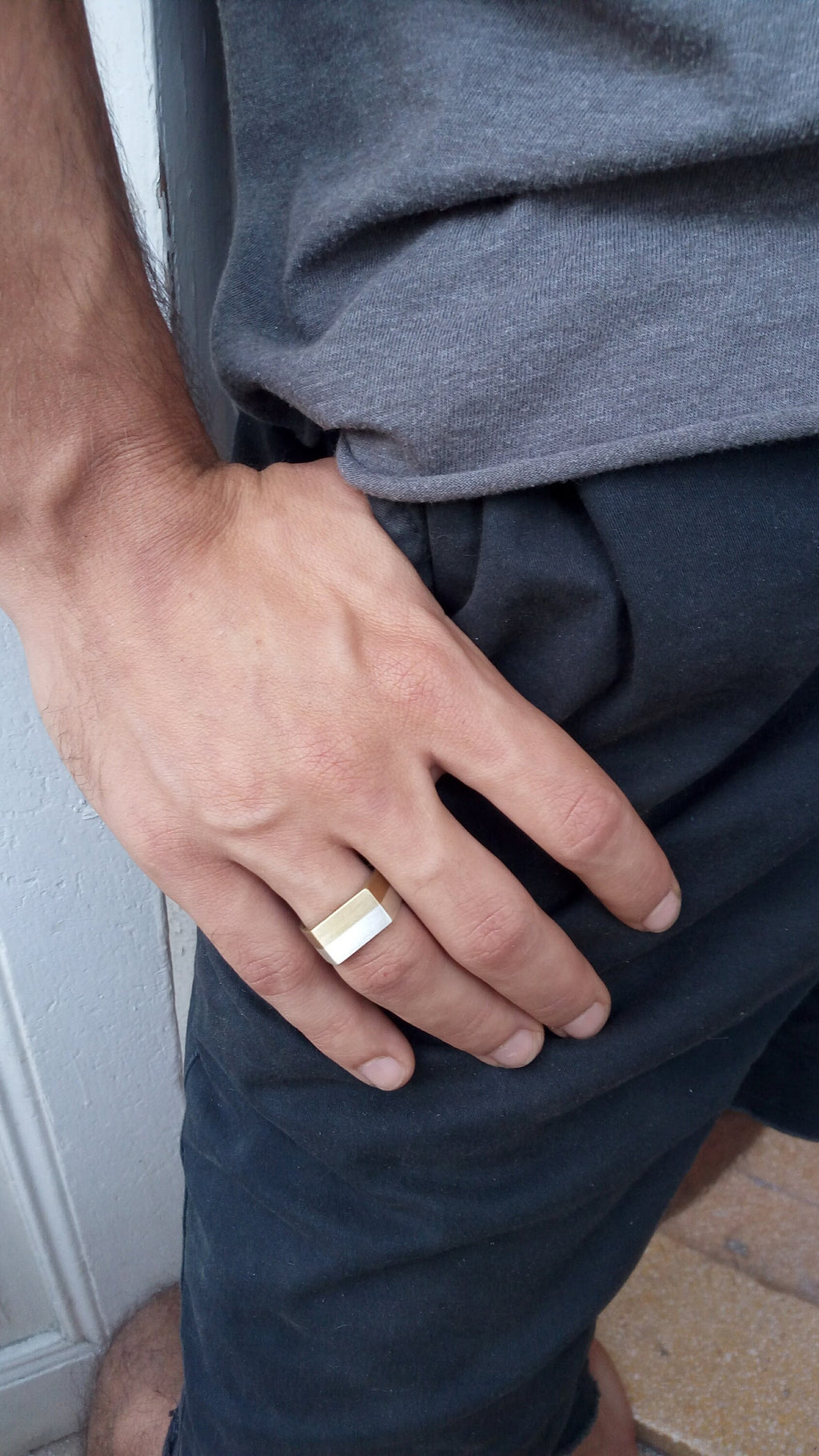 Mixed Metal Signet Ring - Bold Sterling Silver & Brass Rectangle Band - Unisex Artisan Ring