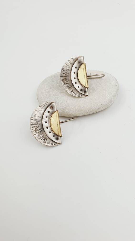 Mixed Metal Earrings -  Half moon Sterling Silver and brass Artisan Hand made