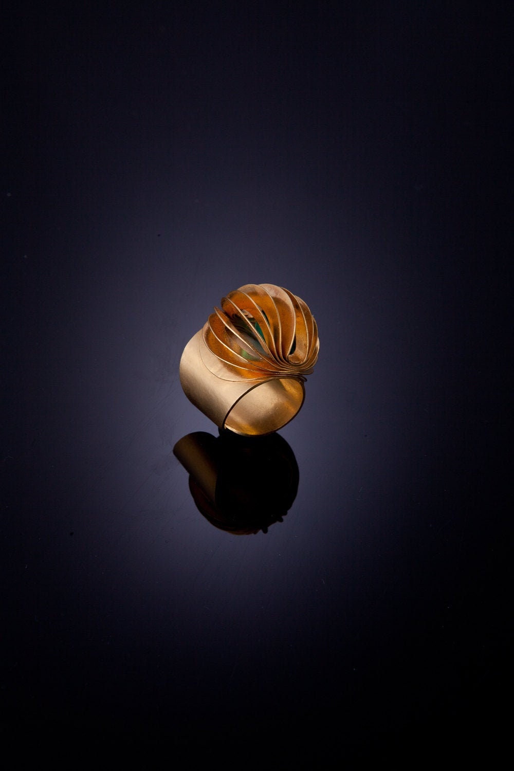 Sculptural Gold Statement Ring with Glass Bead | Adjustable Bold Art Jewelry | Handmade Unique Design