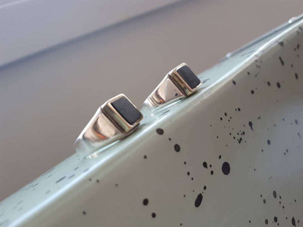 Square Silver Pinky Signet Ring with Ebony Wood & Brass Inlay | Unisex Handmade Design