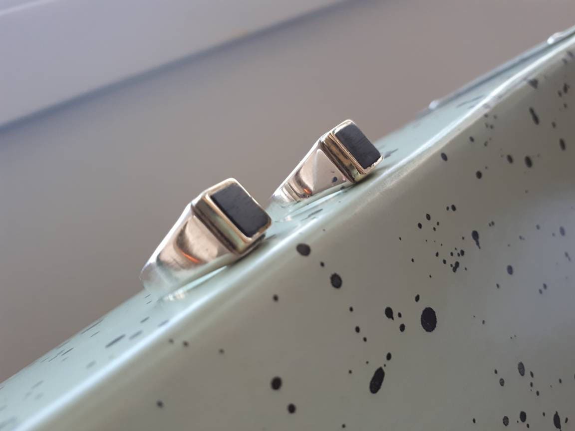 Square Silver Pinky Signet Ring with Ebony Wood & Brass Inlay | Unisex Handmade Design