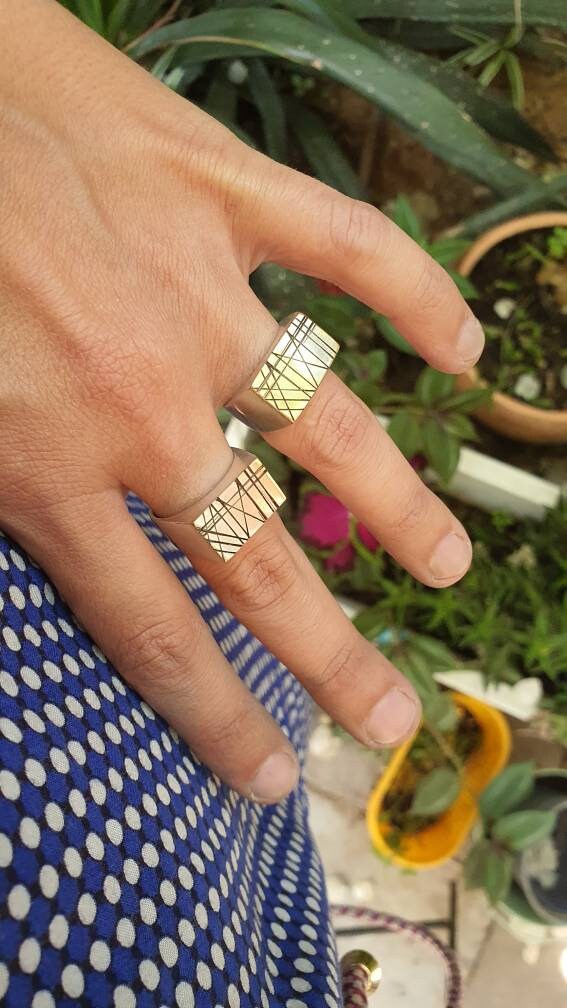 Rectangle Sterling silver and brass -mixed metals signet ring for men and womenv- designer signet