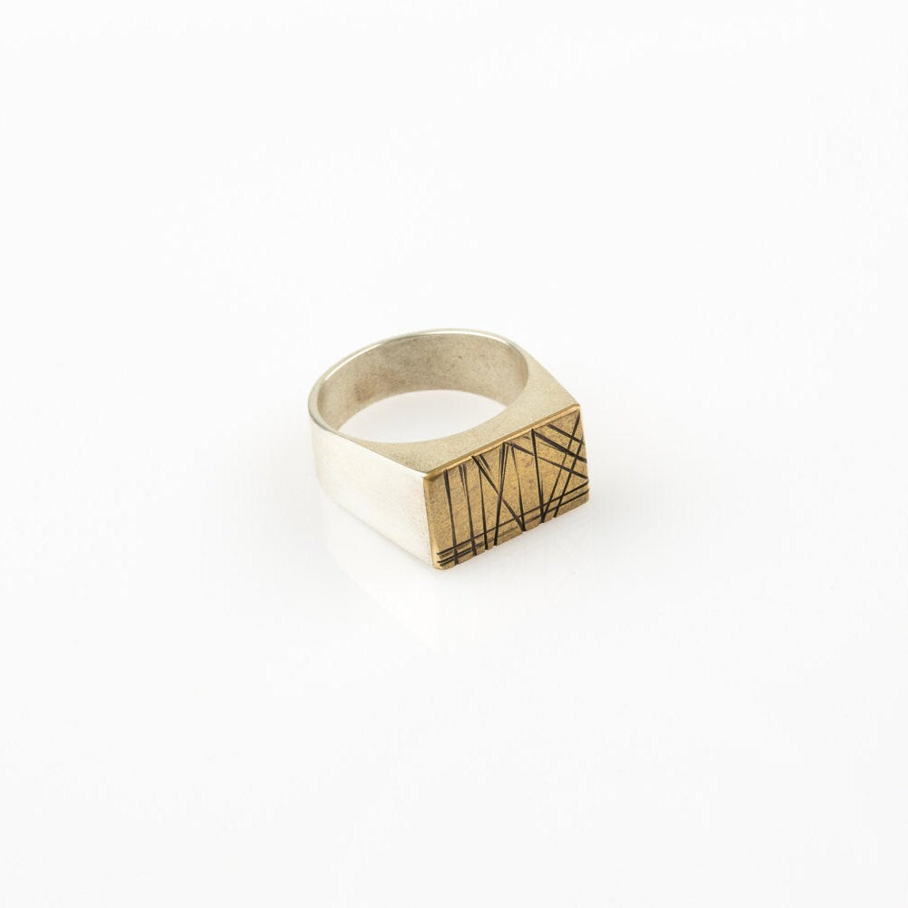 Rectangle Sterling silver and brass -mixed metals signet ring for men and womenv- designer signet