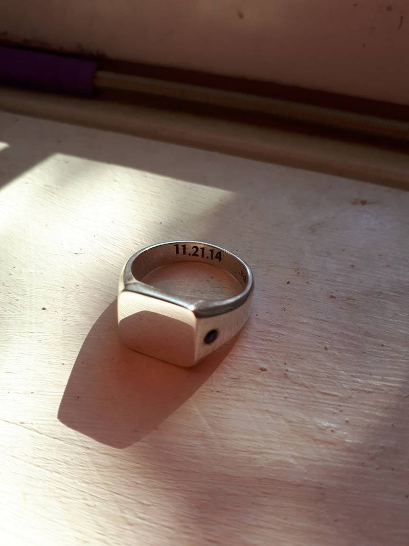Chunky Sterling Silver Signet Ring | Square with Side-Set Sapphire