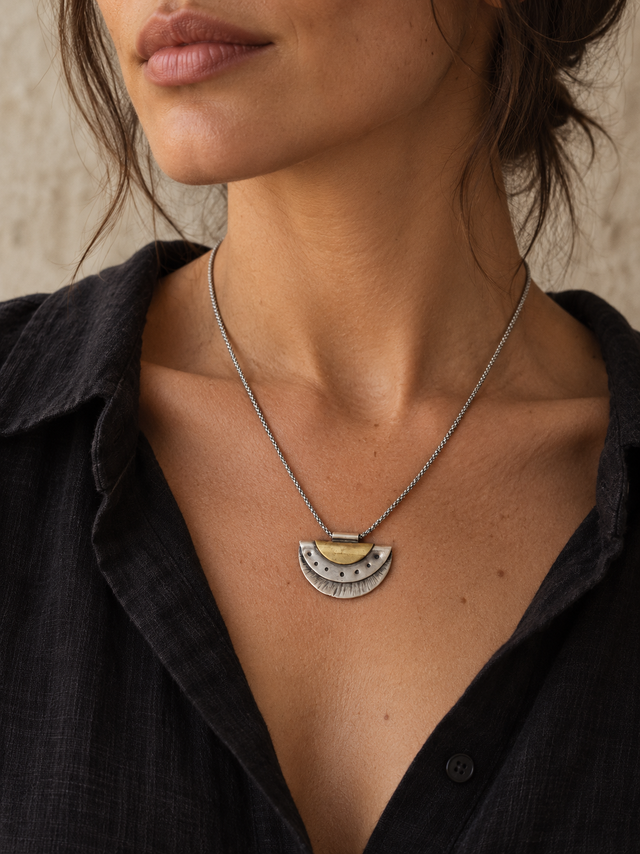Layered Fan Necklace – Sterling Silver & Brass