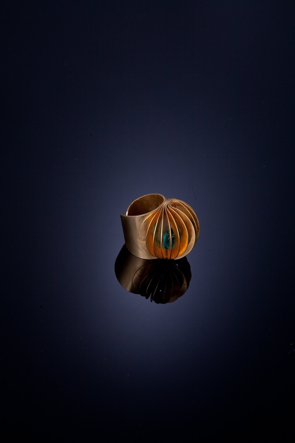 Sculptural Gold Statement Ring with Glass Bead | Adjustable Bold Art Jewelry | Handmade Unique Design