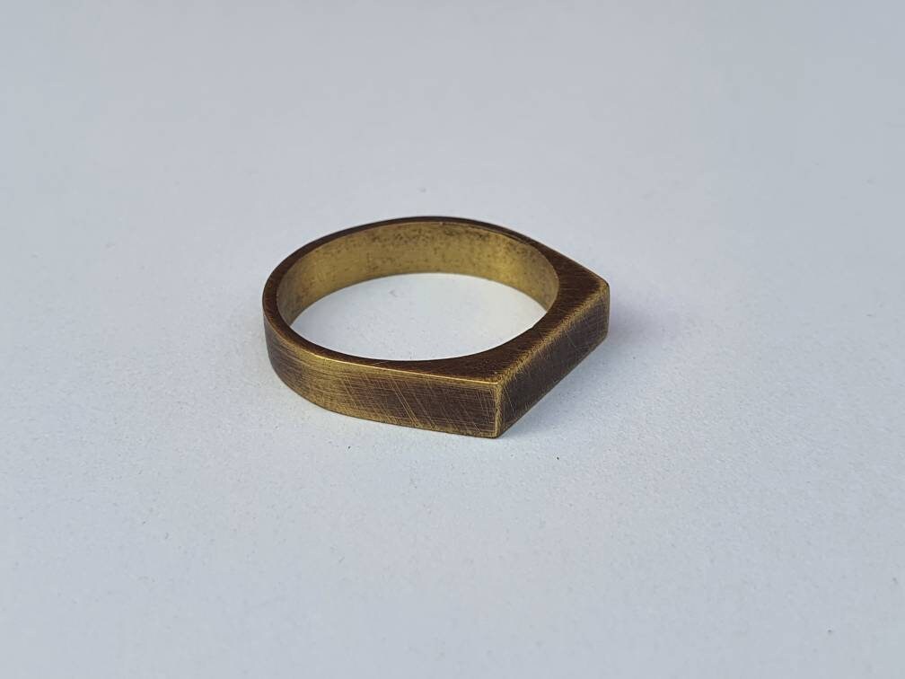 Brass narrow rectangle signet ring for men and women, pinky ring.
