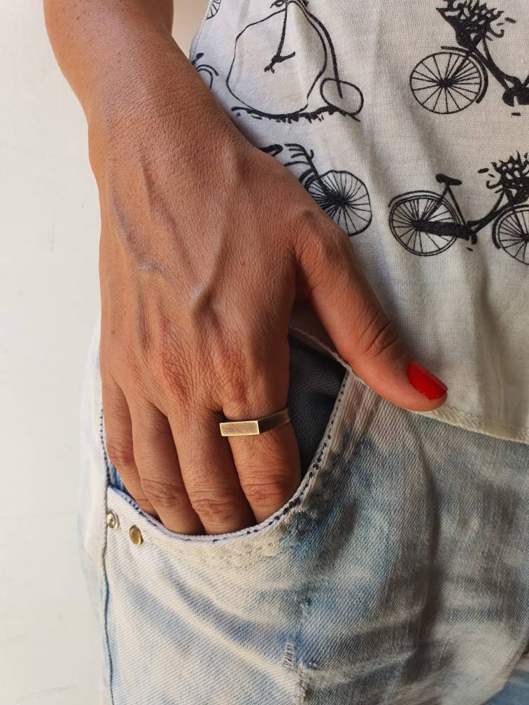 Brass narrow rectangle signet ring for men and women, pinky ring.