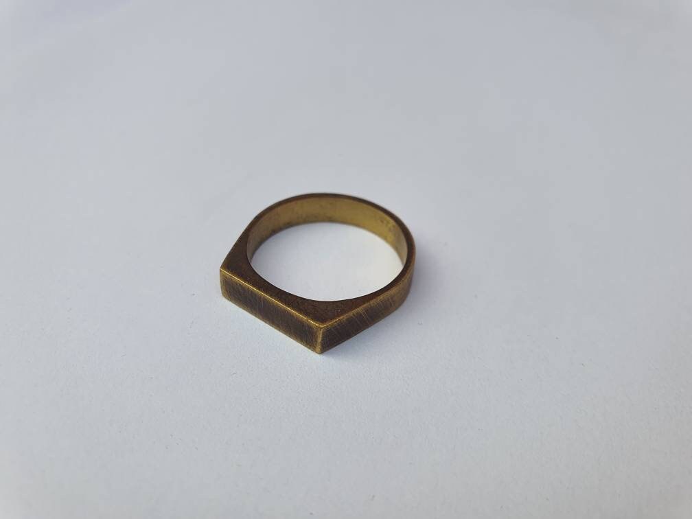 Brass narrow rectangle signet ring for men and women, pinky ring.