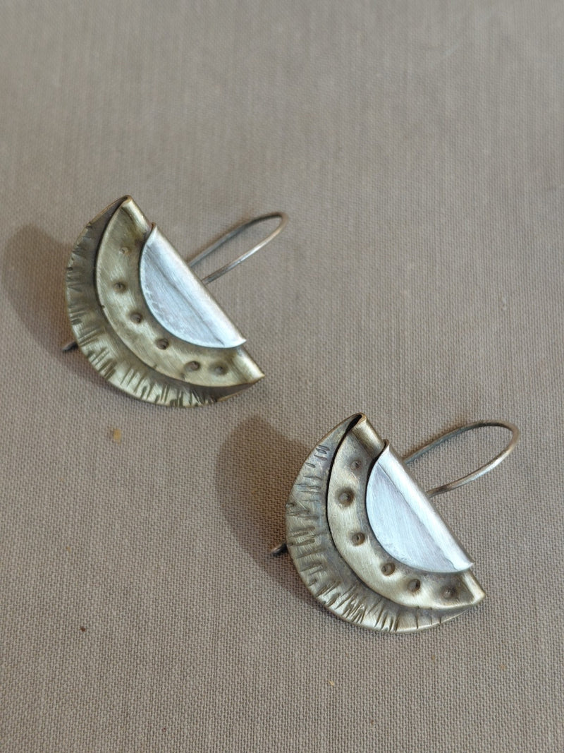 Layered fan earrings in brass and silver with sterling silver ear wires, view 1
