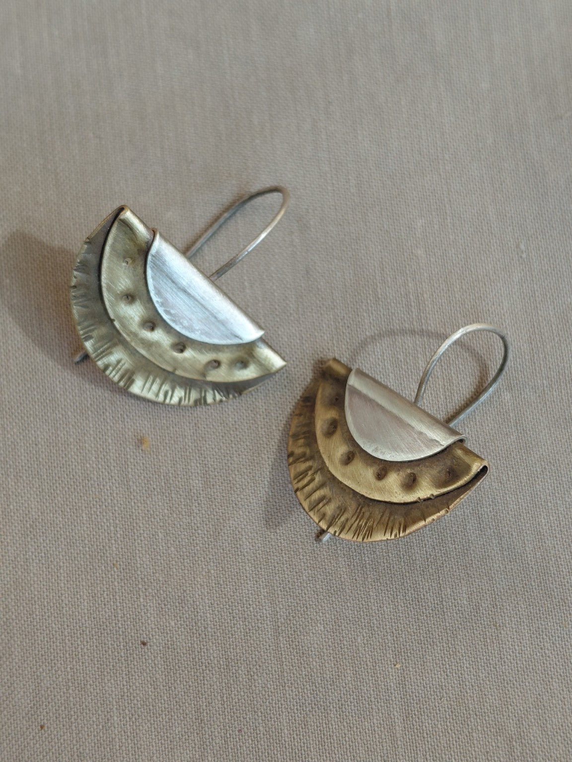 Layered fan earrings in brass and silver with sterling silver ear wires, view 2