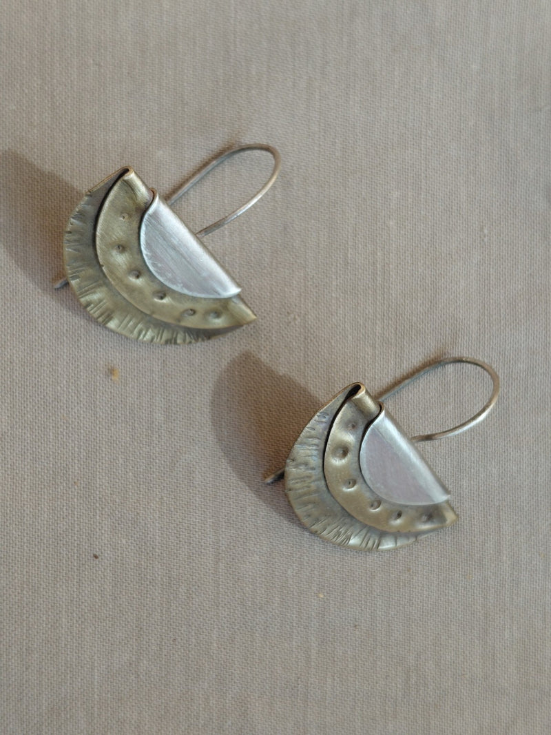 Layered fan earrings in brass and silver with sterling silver ear wires, view 3