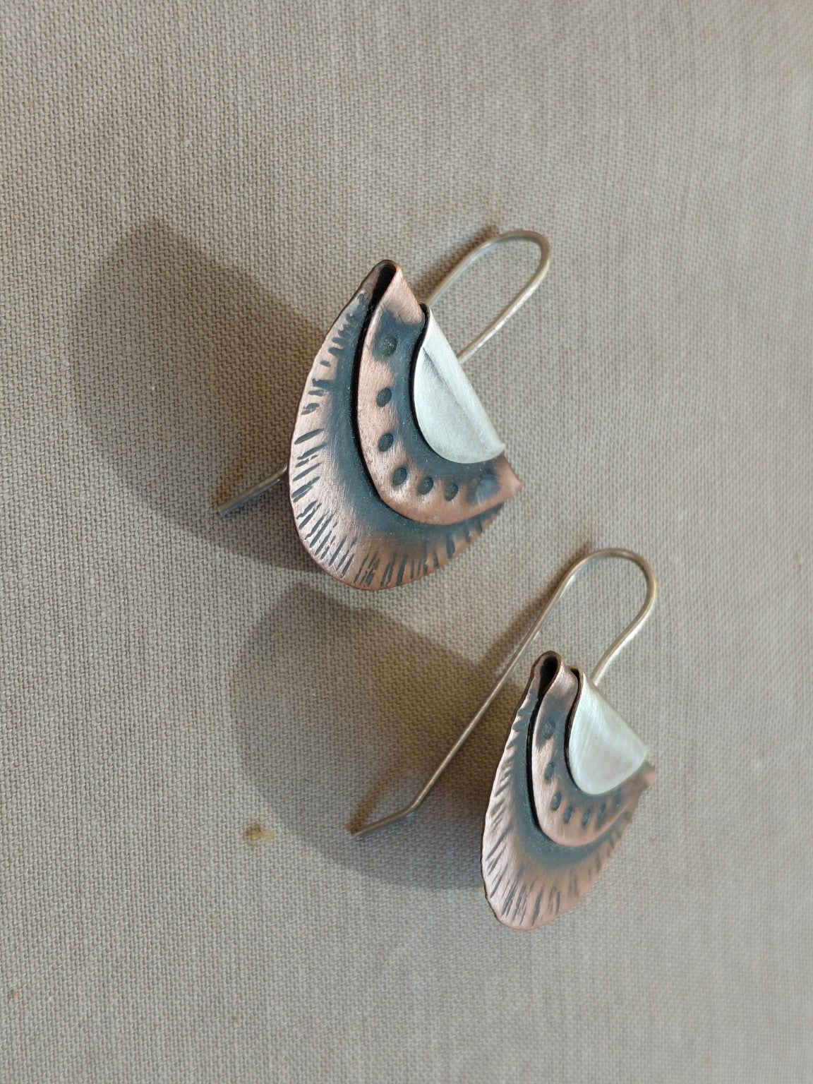 Layered fan earrings in copper and silver with sterling silver ear wires, view 1