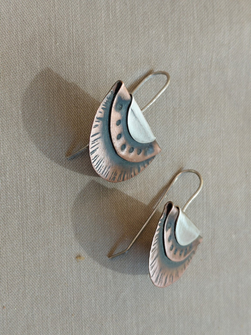 Layered fan earrings in copper and silver with sterling silver ear wires, view 1