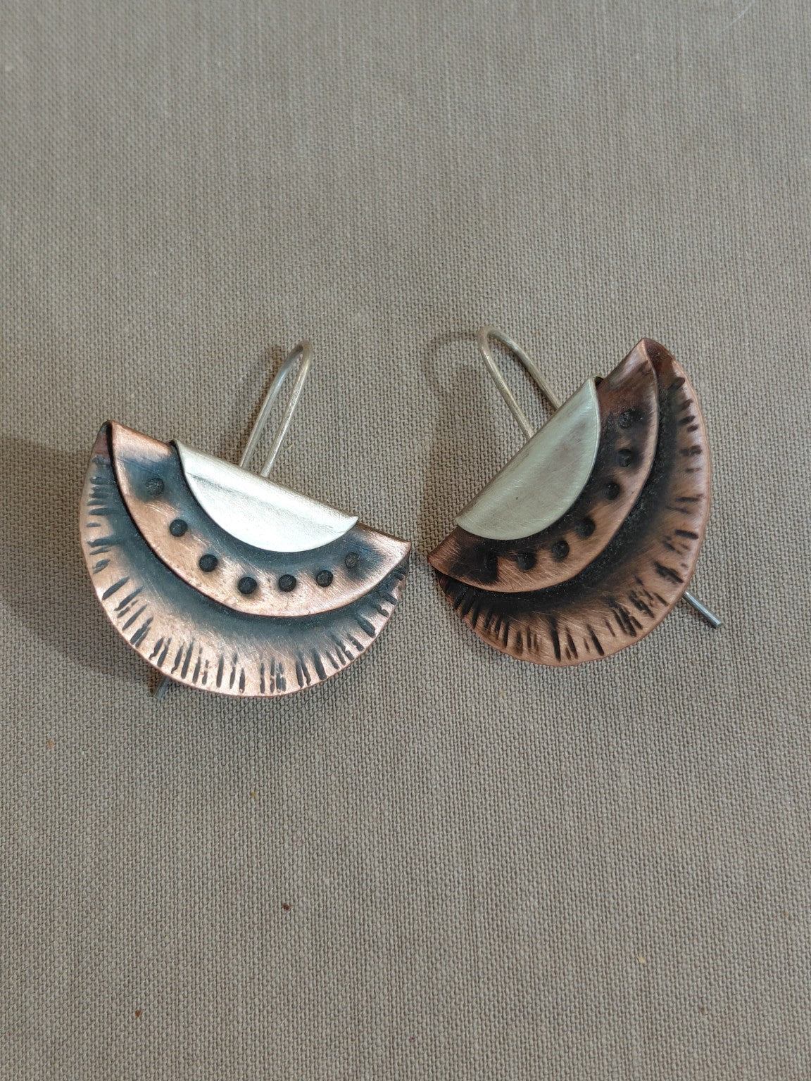 Layered fan earrings in copper and silver with sterling silver ear wires, view 2