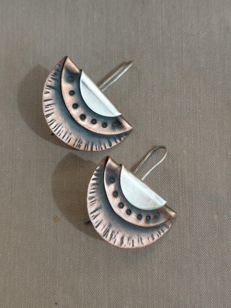 Layered fan earrings in copper and silver with sterling silver ear wires, view 3