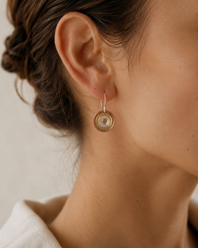 Tri-Tone Mixed Metal Circle Drop Earrings