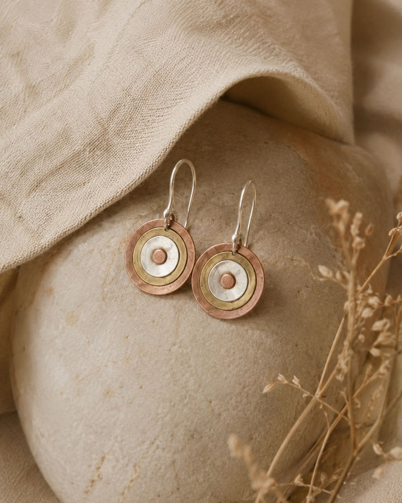 Tri-Tone Mixed Metal Circle Drop Earrings