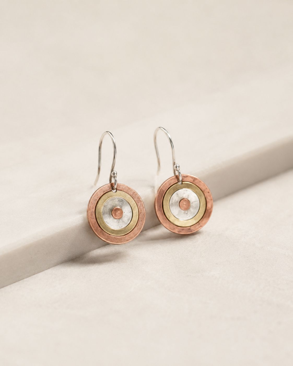 Tri-Tone Mixed Metal Circle Drop Earrings